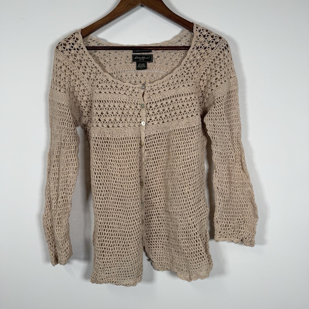 Vintage Eddie Bauer Hand‎ Crocheted Shirt Sheer Button Down Bell Sleeve Size L
